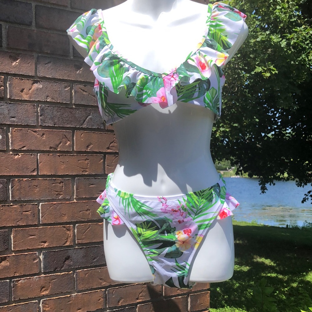 Floral Ruffle Bikini Set - White with Green & Pink Tropical Print